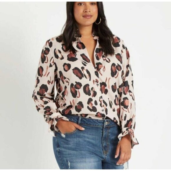 ELOQUII Big Cat Leopard Print Ruffled Long Sleeve Blouse Plus Size 14 Pink - Picture 1 of 9